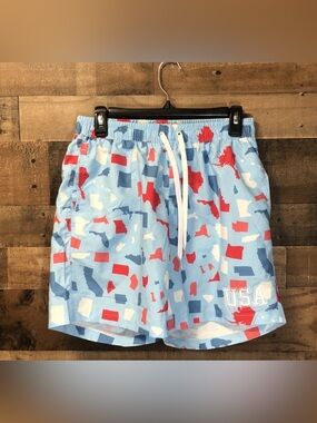 Tipsy Elves Men Medium USA Patriotic Swim Trunks States Print Red White Blue NWT